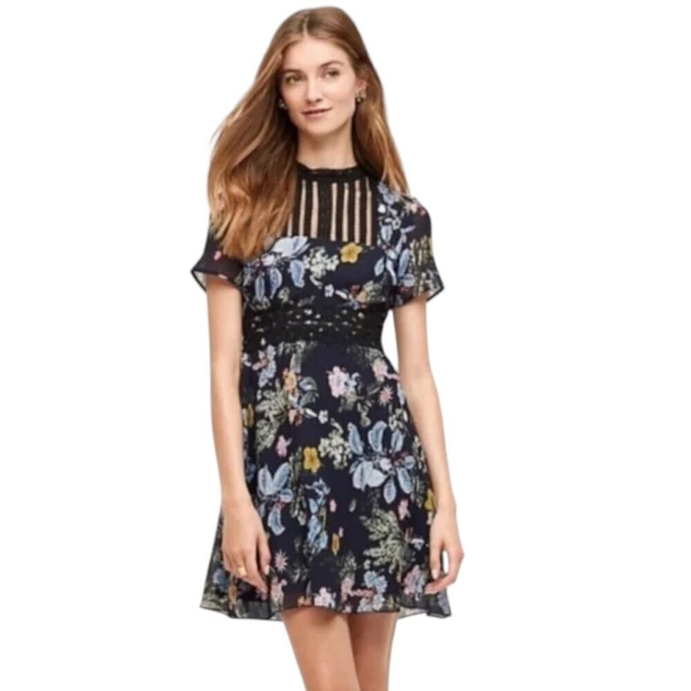 Anthropologie Foxiedox Andora Farfara Black Floral Lace Trim Dress